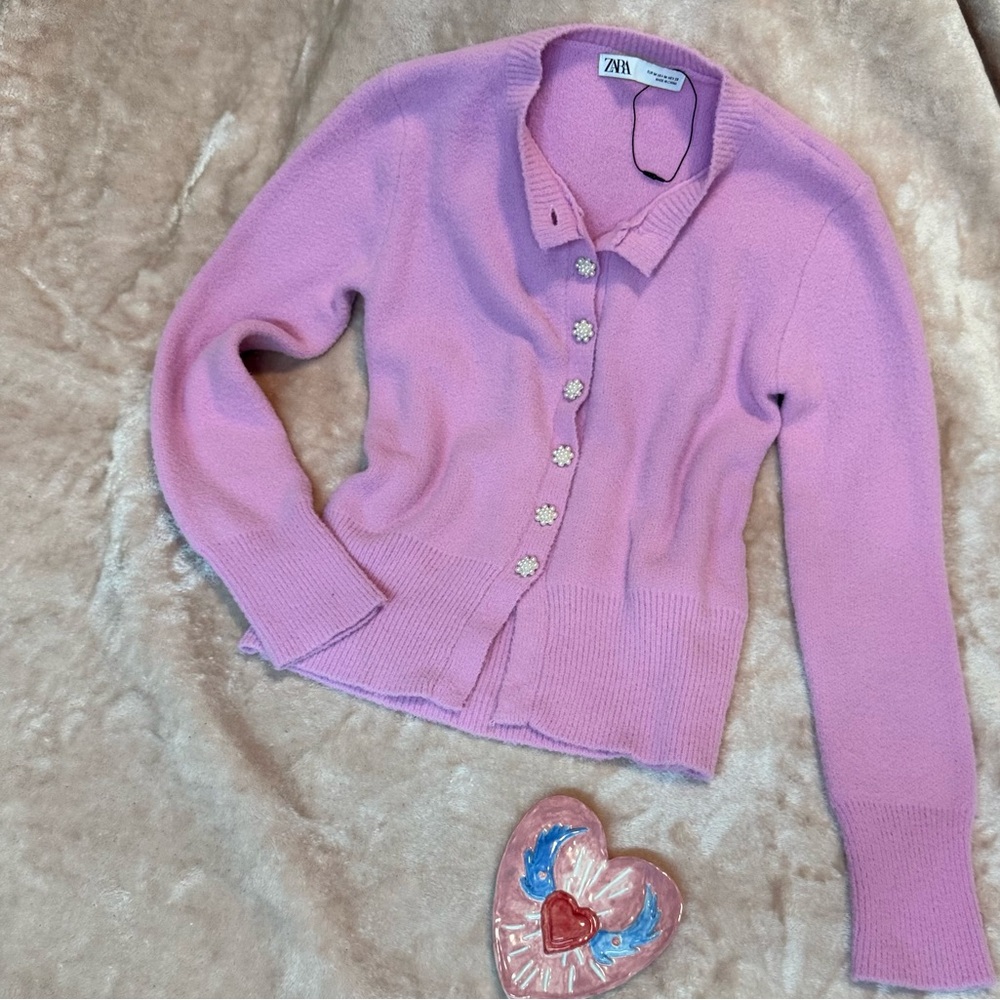 Zara Pink Knit Cardigan Jewel Pearl Buttons Size M